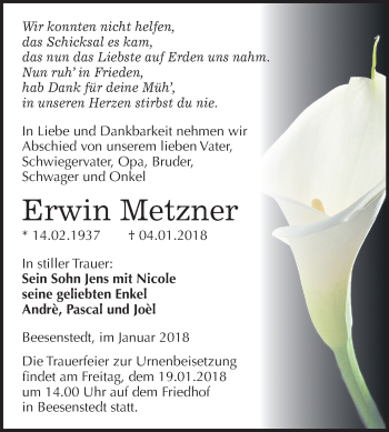 Traueranzeige von Erwin Metzner von Mitteldeutsche Zeitung Halle/Saalkreis