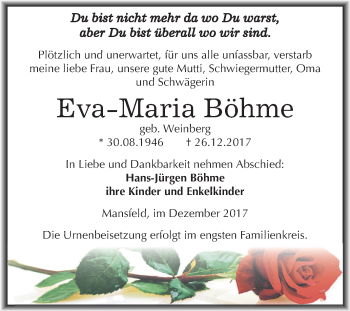 Traueranzeige von Eva-Maria Böhme von Mitteldeutsche Zeitung