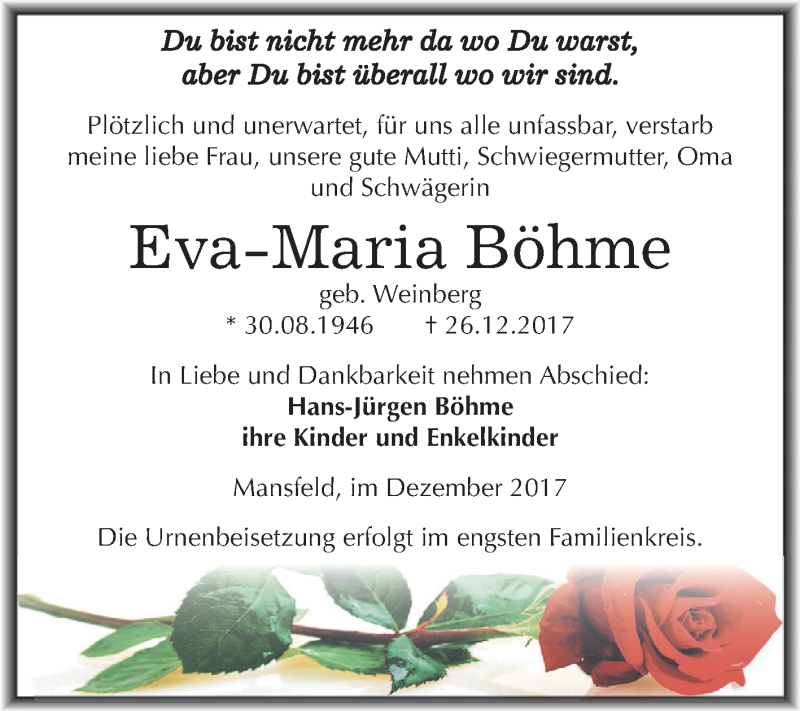  Traueranzeige für Eva-Maria Böhme vom 04.01.2018 aus Mitteldeutsche Zeitung