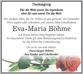 Traueranzeige von Eva-Maria Böhme von Wochenspiegel Mansfelder Land