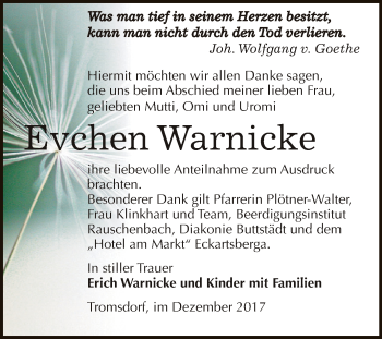 Traueranzeige von Evchen Warnicke von WVG - Wochenspiegel NMB / WSF / ZTZ