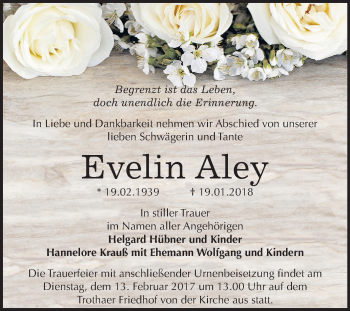 Traueranzeige von Evelin Aley von Mitteldeutsche Zeitung Halle/Saalkreis