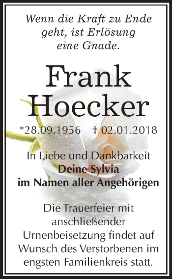 Traueranzeige von Frank Hoecker von Mitteldeutsche Zeitung Bitterfeld