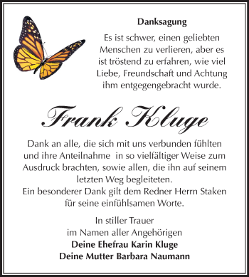 Traueranzeige von Frank Kluge von Mitteldeutsche Zeitung
