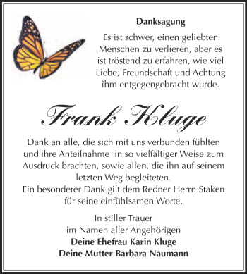 Traueranzeige von Frank Kluge von Super Sonntag Wittenberg