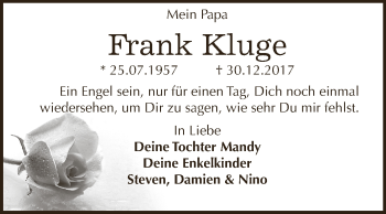 Traueranzeige von Frank Kluge von WVG - Wochenspiegel Dessau / Köthen
