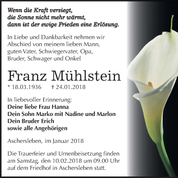 Traueranzeige von Franz Mühlstein von Mitteldeutsche Zeitung Aschersleben