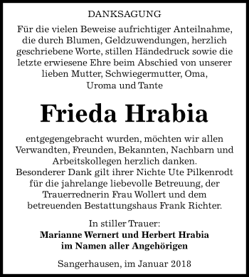 Traueranzeige von Frieda Hrabia von Mitteldeutsche Zeitung Sangerhausen