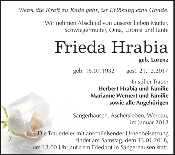 Traueranzeige von Frieda Hrabia von Mitteldeutsche Zeitung Sangerhausen