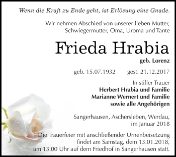 Traueranzeige von Frieda Hrabia von Super Sonntag SGH Mansf. Land