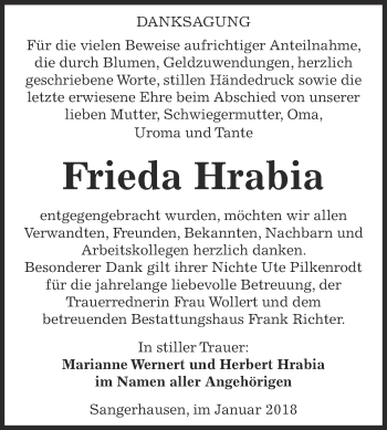 Traueranzeige von Frieda Hrabia von Super Sonntag SGH Mansf. Land