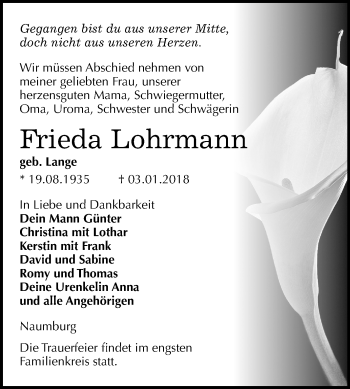 Traueranzeige von Frieda Lohrmann von Mitteldeutsche Zeitung