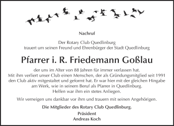 Traueranzeige von Friedemann Goßlau von Super Sonntag Quedlinburg