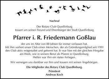 Traueranzeige von Friedemann Goßlau von Mitteldeutsche Zeitung Quedlinburg