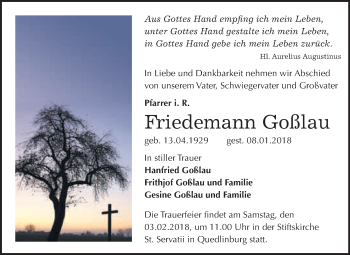 Traueranzeige von Friedemann Goßlau von WVG - Wochenspiegel Quedlinburg