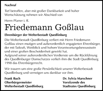 Traueranzeige von Friedemann Goßlau von Mitteldeutsche Zeitung Quedlinburg