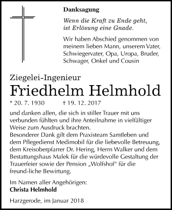 Traueranzeige von Friedhelm Helmhold von Mitteldeutsche Zeitung Quedlinburg