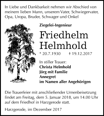 Traueranzeige von Friedhelm Helmhold von WVG - Wochenspiegel Quedlinburg