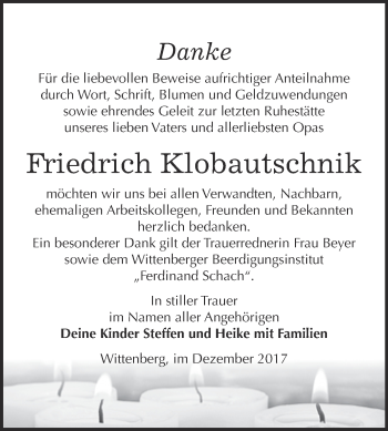 Traueranzeige von Friedrich Klobautschnik von WVG - Wochenspiegel Wittenberg