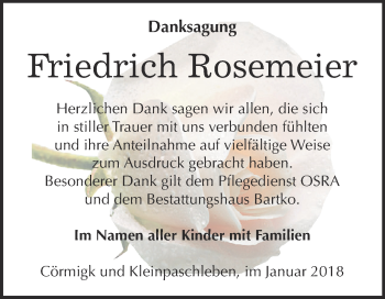 Traueranzeige von Friedrich Rosemeier von WVG - Wochenspiegel Dessau / Köthen