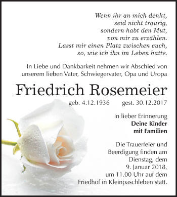 Traueranzeige von Friedrich Rosemeier von Mitteldeutsche Zeitung Köthen