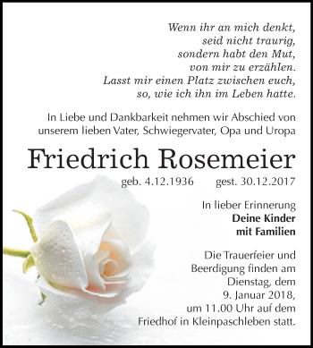 Traueranzeige von Friedrich Rosemeier von WVG - Wochenspiegel Dessau / Köthen