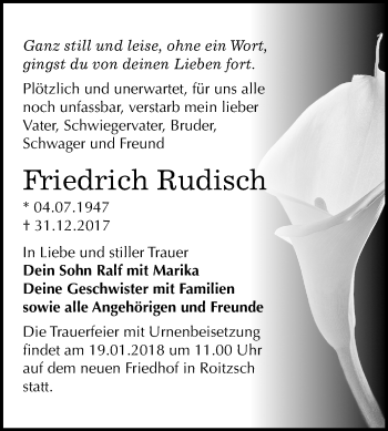 Traueranzeige von Friedrich Rudisch von Mitteldeutsche Zeitung Bitterfeld