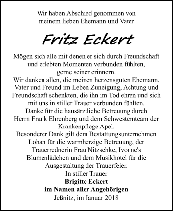 Traueranzeige von Fritz Eckert von WVG - Wochenspiegel Bitterfeld