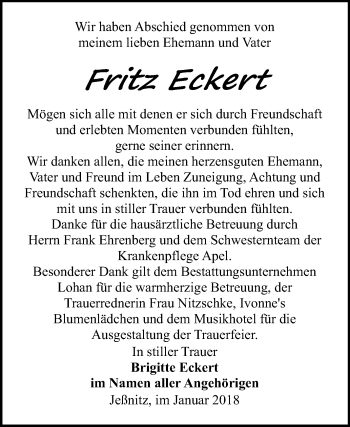 Traueranzeige von Fritz Eckert von Mitteldeutsche Zeitung Bitterfeld