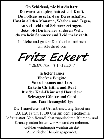 Traueranzeige von Fritz Eckert von Mitteldeutsche Zeitung Bitterfeld