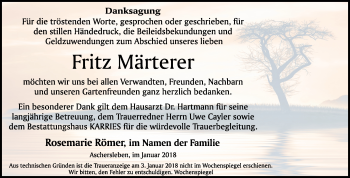 Traueranzeige von Fritz Märterer von WVG - Wochenspiegel Quedlinburg