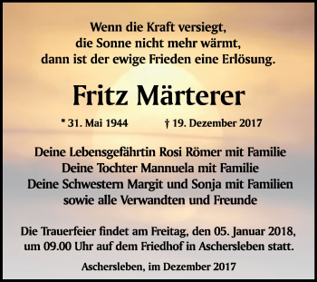 Traueranzeige von Fritz Märterer von Mitteldeutsche Zeitung Aschersleben