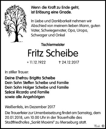 Traueranzeige von Fritz Scheibe von Mitteldeutsche Zeitung Merseburg/Querfurt