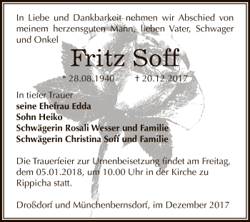 Traueranzeige von Fritz Soff von Super Sonntag Zeitz