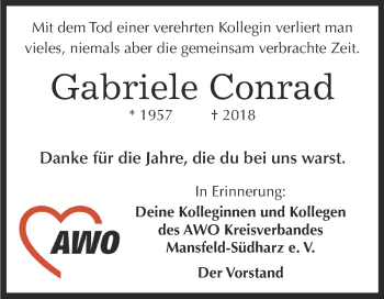 Traueranzeige von Gabriele Conrad von Super Sonntag SGH Mansf. Land