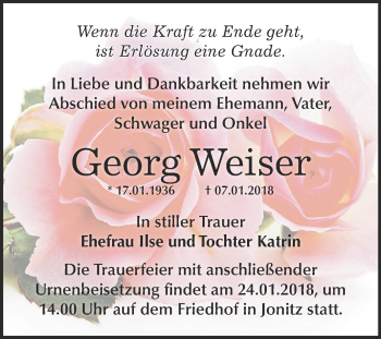 Traueranzeige von Georg Weiser von WVG - Wochenspiegel Dessau / Köthen