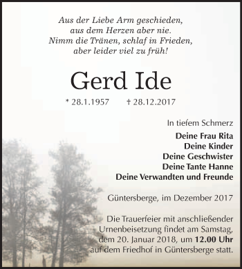Traueranzeige von Gerd Ide von WVG - Wochenspiegel Quedlinburg
