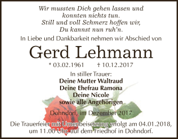 Traueranzeige von Gerd Lehmann von WVG - Wochenspiegel Dessau / Köthen