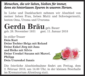 Traueranzeige von Gerda Bräu von Super Sonntag Zeitz