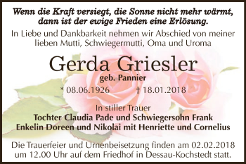 Traueranzeige von Gerda Griesler von WVG - Wochenspiegel Dessau / Köthen
