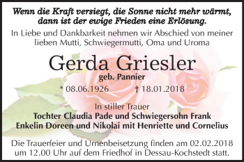 Traueranzeige von Gerda Griesler von Mitteldeutsche Zeitung