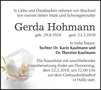 Traueranzeige von Gerda Hohmann von Mitteldeutsche Zeitung Halle/Saalkreis