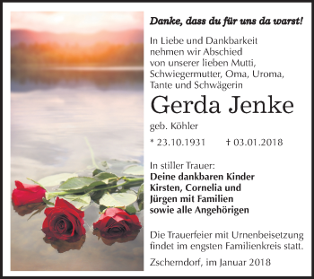 Traueranzeige von Gerda Jenke von Mitteldeutsche Zeitung Bitterfeld