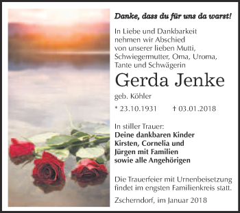Traueranzeige von Gerda Jenke von WVG - Wochenspiegel Bitterfeld