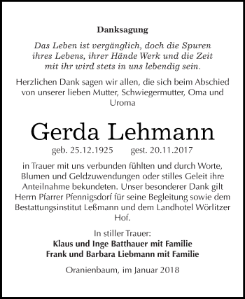 Traueranzeige von Gerda Lehmann von WVG - Wochenspiegel Wittenberg