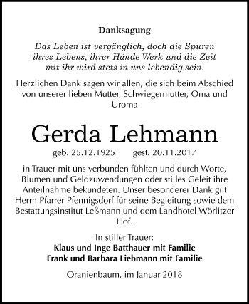 Traueranzeige von Gerda Lehmann von Mitteldeutsche Zeitung Dessau-Roßlau