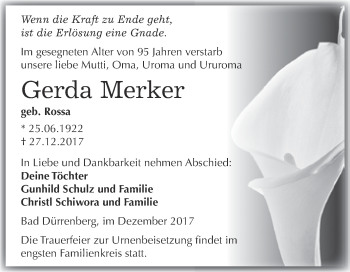Traueranzeige von Gerda Merker von Super Sonntag Merseburg