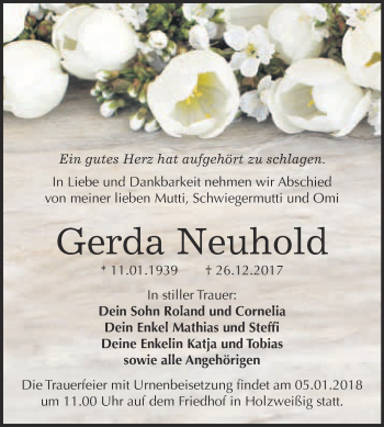 Traueranzeige von Gerda Neuhold von WVG - Wochenspiegel Bitterfeld