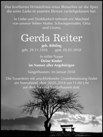 Traueranzeige von Gerda Reiter von Super Sonntag SGH Mansf. Land
