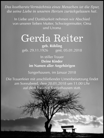 Traueranzeige von Gerda Reiter von Mitteldeutsche Zeitung